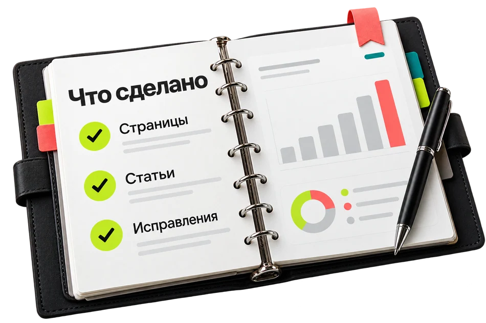 Отчёт с перечнем готовых страниц, статей и исправлений