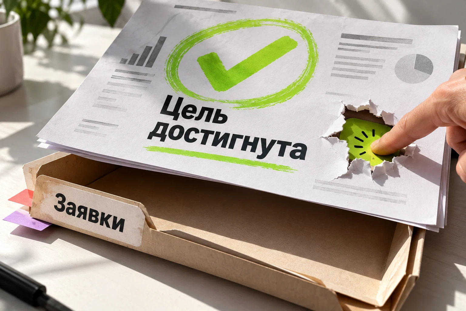 На распечатанном аналитическом отчёте огромная зелёная галочка с текстом «Цель достигнута»