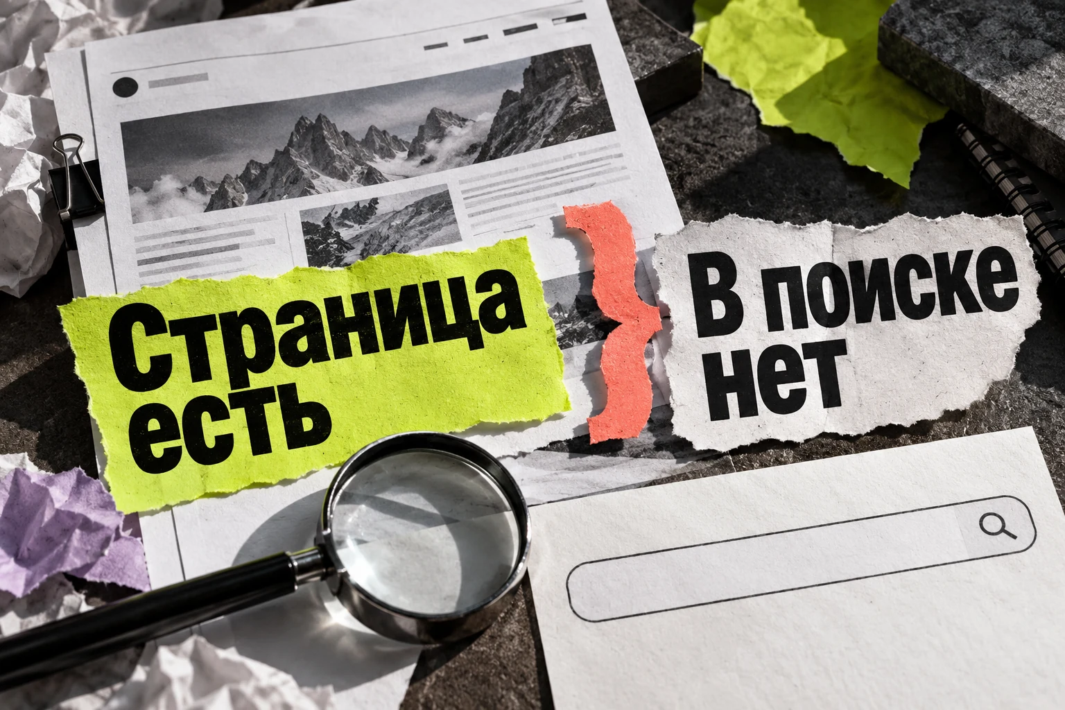 Распечатка страницы сайта перед закрытой решёткой каталога, рядом лупа и пустая строка поиска на бумаге