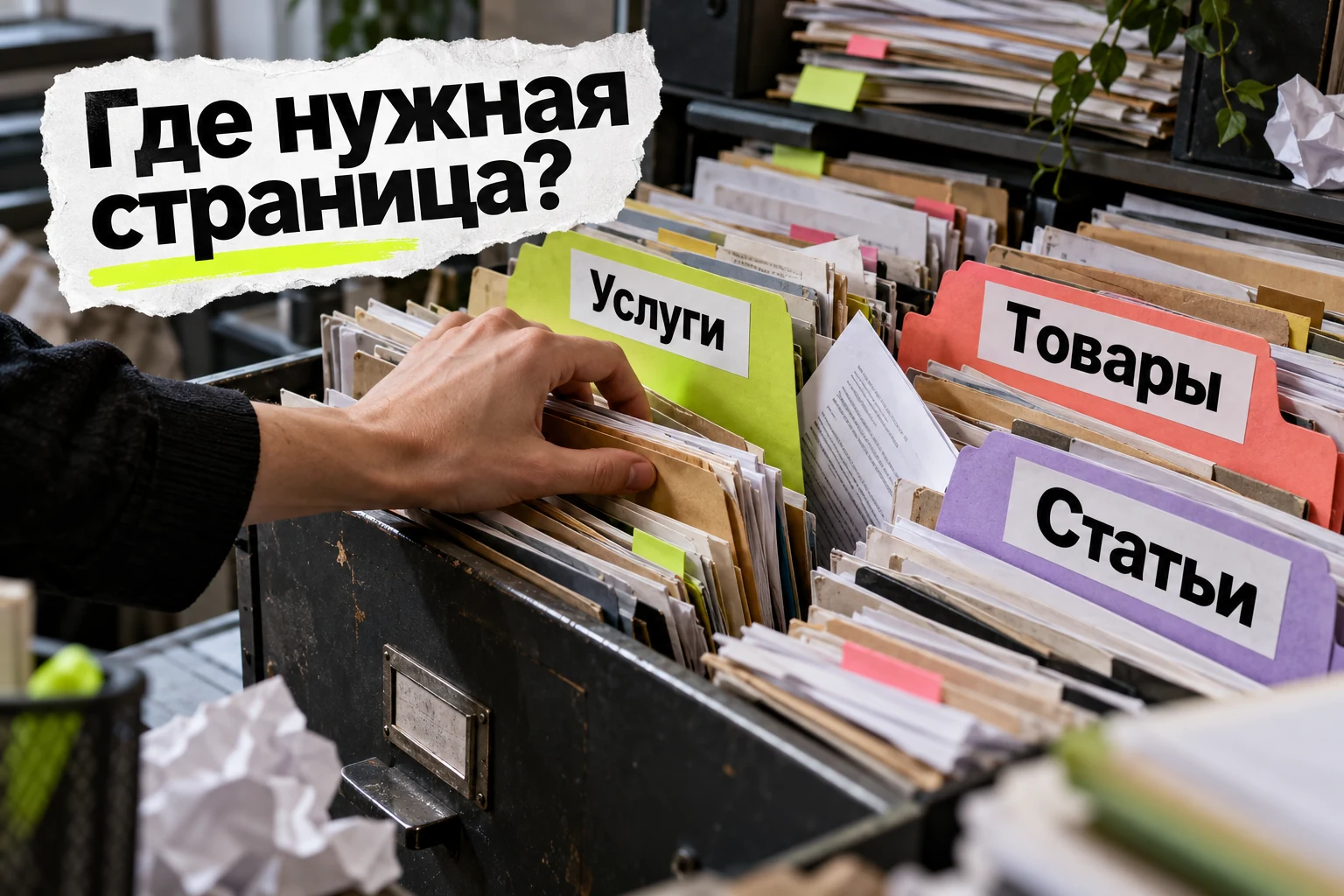 Фотореалистичный журнальный коллаж: клиентская рука ищет нужную папку в запутанном картотечном шкафу