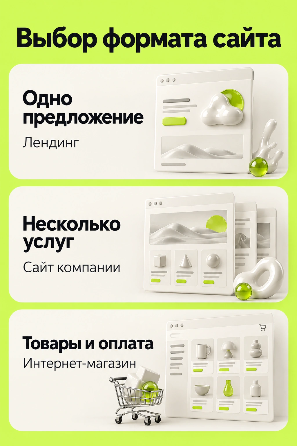 Один продукт: лендинг; несколько услуг: сайт компании; товары с оплатой: интернет-магазин