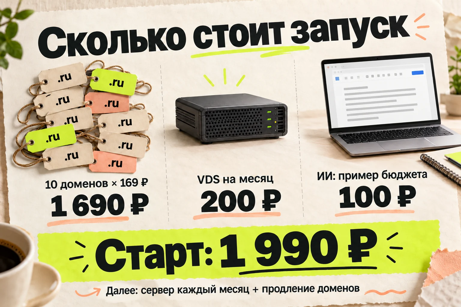 Расчёт старта: 1 690 рублей на домены, 200 на сервер и 100 на ИИ