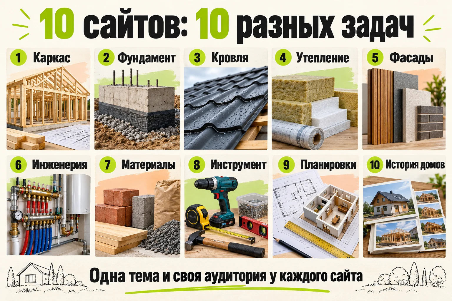 Пример для строительной ниши: десять отдельных тем, от каркаса до истории домов