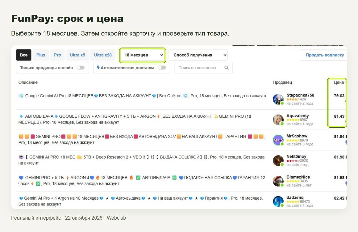 FunPay: срок и цена. Выберите 18 месяцев. Затем откройте карточку и проверьте тип товара.