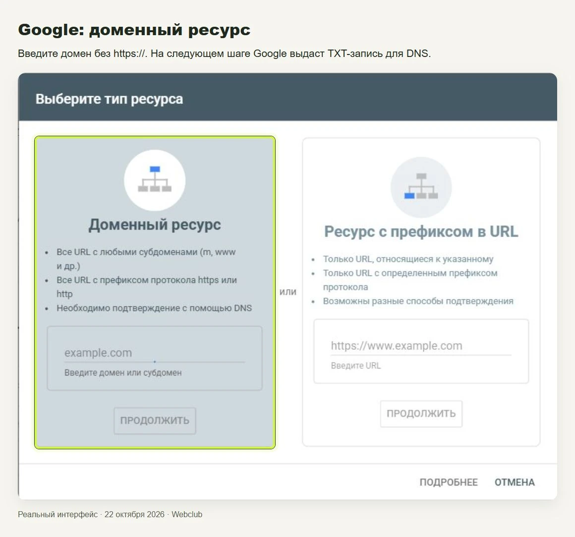 Google: доменный ресурс. Введите домен без https://. На следующем шаге Google выдаст TXT-запись для DNS.