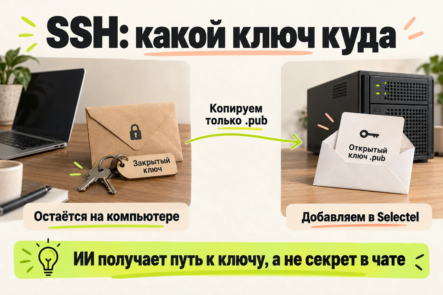 Закрытый SSH-ключ остаётся на компьютере, открытый .pub добавляют в Selectel