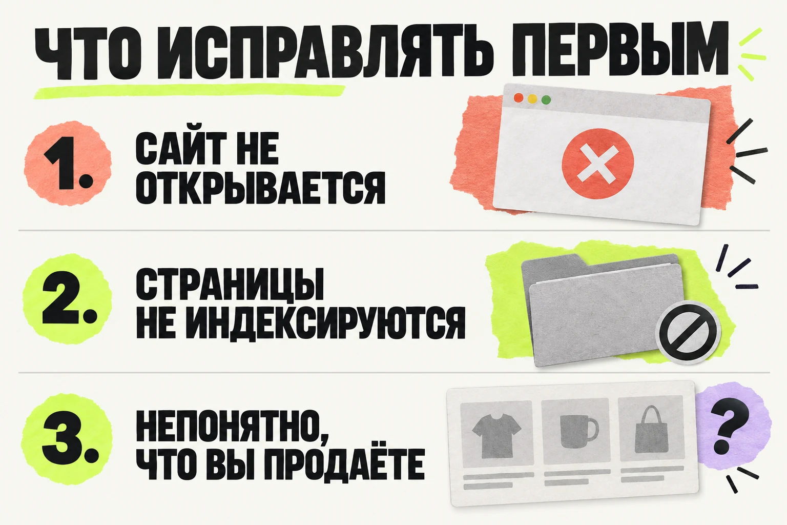 В начале исправляют доступность сайта, индексацию и содержание важных страниц.