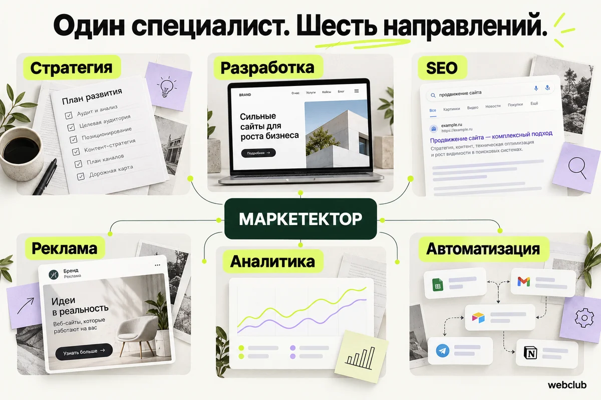 Шесть направлений работы маркетектора: стратегия, разработка, SEO, реклама, аналитика и автоматизация.