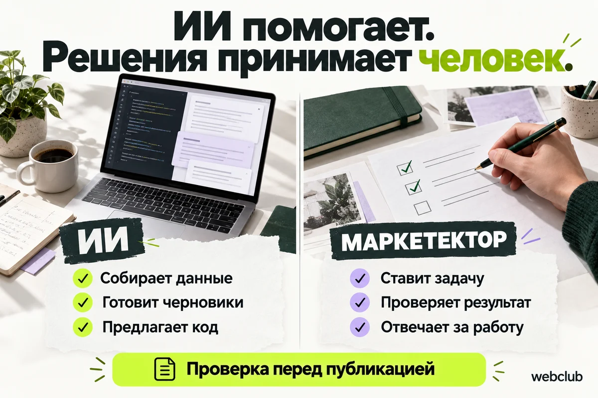 ИИ собирает данные, готовит черновики и предлагает код. Маркетектор ставит задачу, проверяет результат и отвечает за работу.